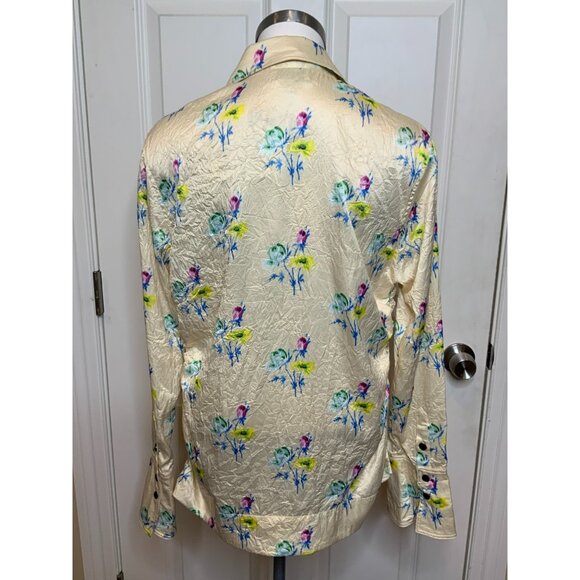 GANNI Floral Ruched Crinkled Cream Satin Long Sleeve Shirt, Size 44 | 14 - Picture 9 of 12